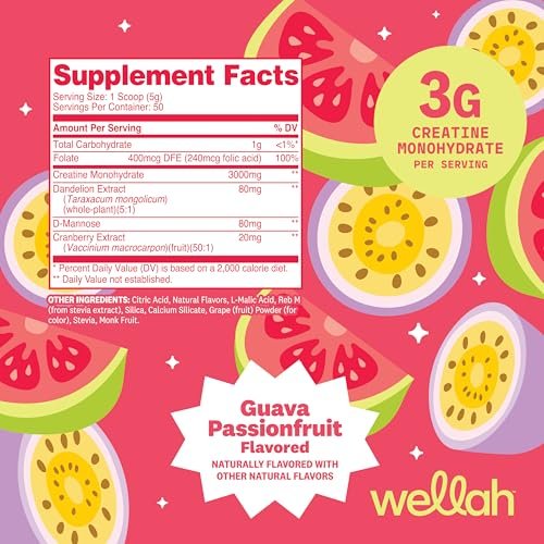 Wellah Creatin für Frauen – Creatin-Monohydrat mit Löwenzahn & Cranberry-Extrakt (50 Portionen, Guave-Passionsfrucht)
