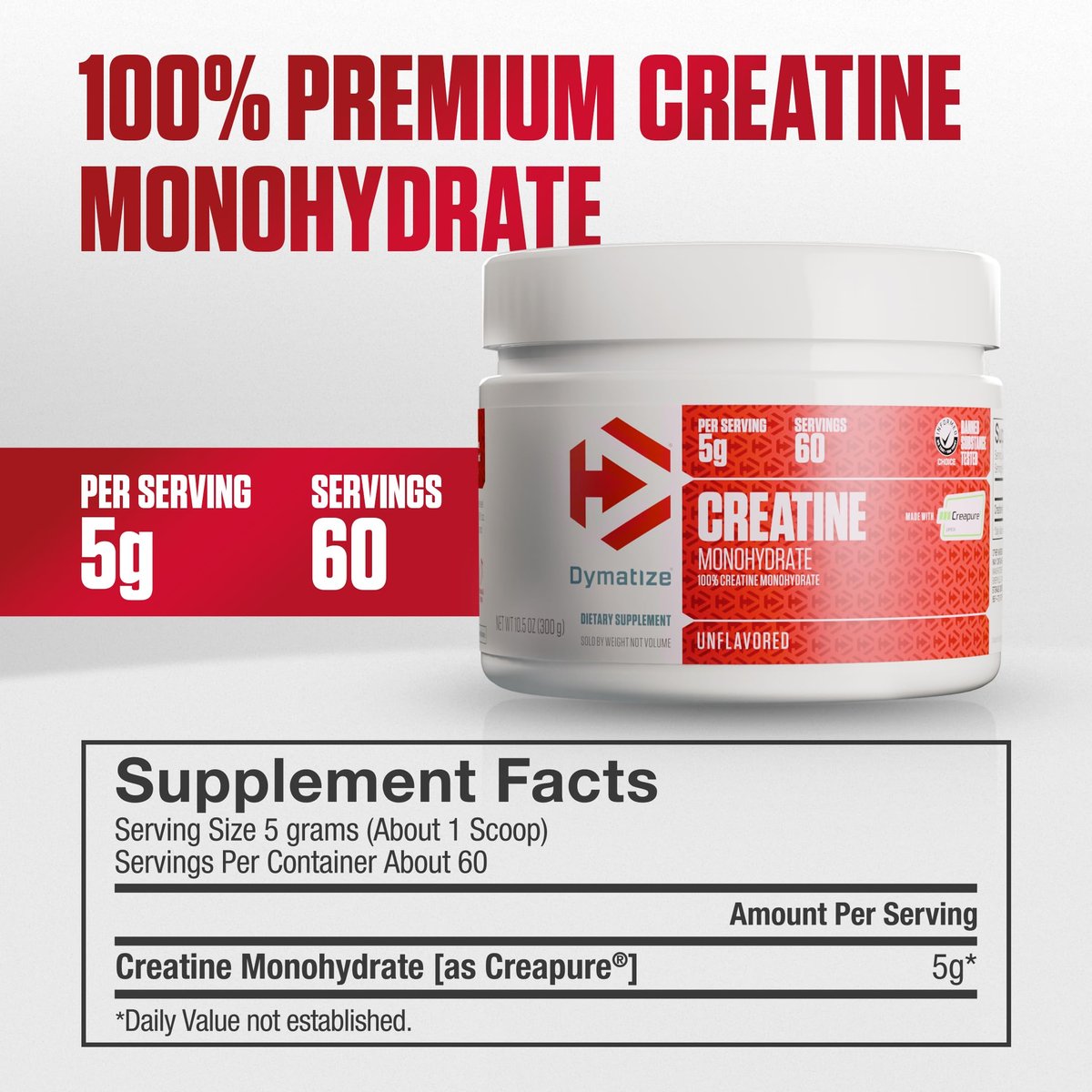 Dymatize Creatin-Monohydrat-Pulver mit CREAPURE (Produkt aus Deutschland), 5 g pro Portion, 60 Portionen (300 g), Creatin für Frauen und Männer, glutenfrei