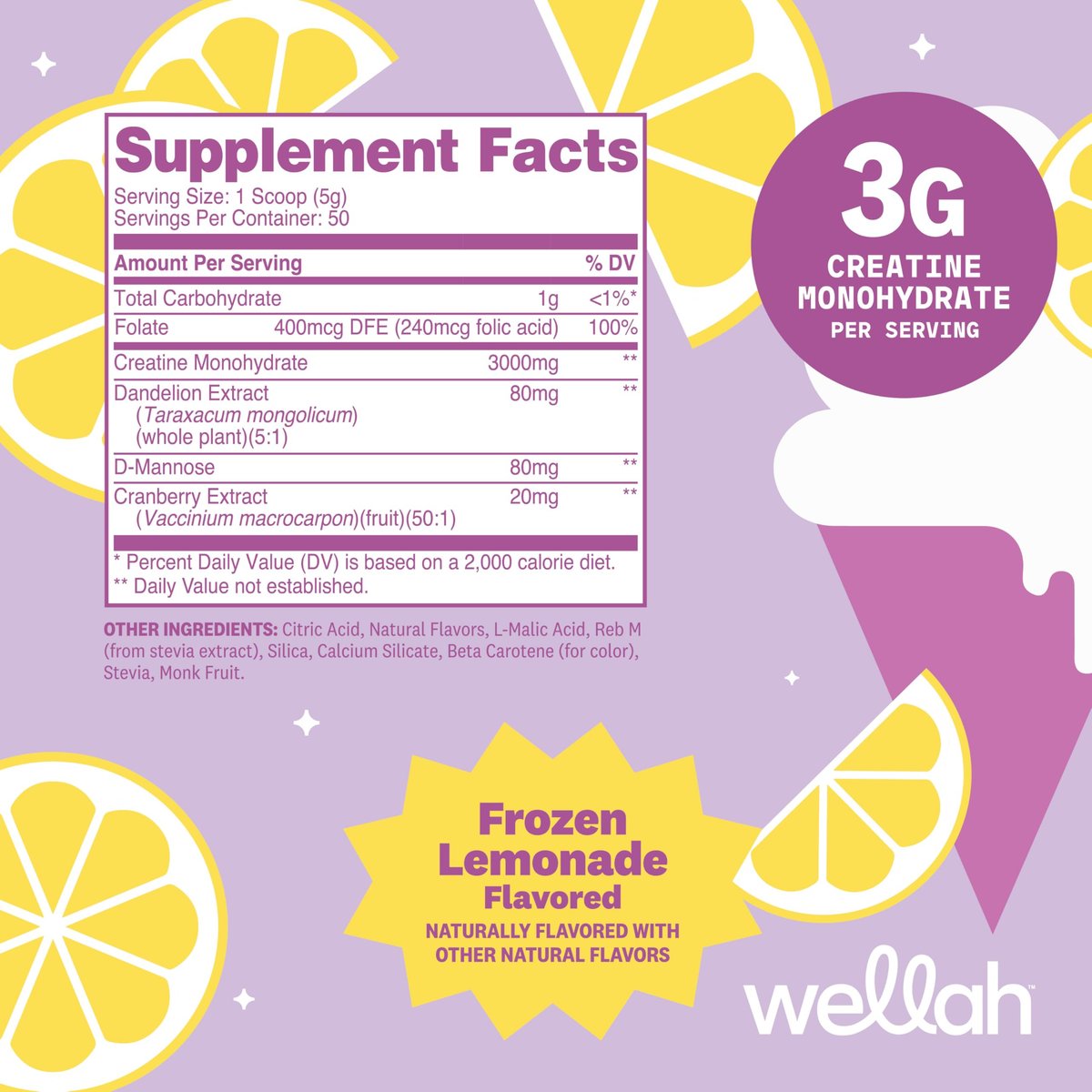 Wellah Creatin für Frauen – Kreatin-Monohydrat mit Löwenzahn & Cranberry-Extrakt (50 Portionen, Gefrorene Limonade)