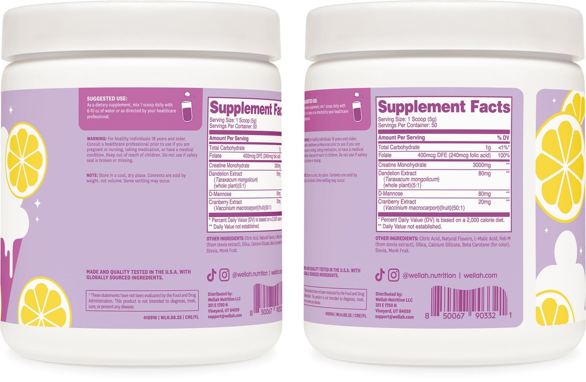 Wellah Creatin für Frauen – Kreatin-Monohydrat mit Löwenzahn & Cranberry-Extrakt (50 Portionen, Gefrorene Limonade)
