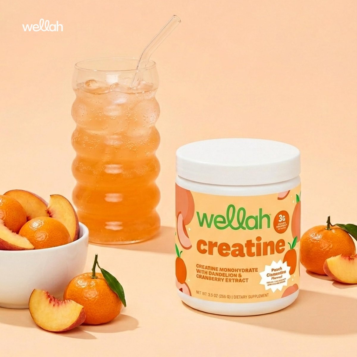 Wellah Creatine für Frauen – Creatin-Monohydrat mit Löwenzahn & Cranberry-Extrakt (50 Portionen, Clementine-Pfirsich)