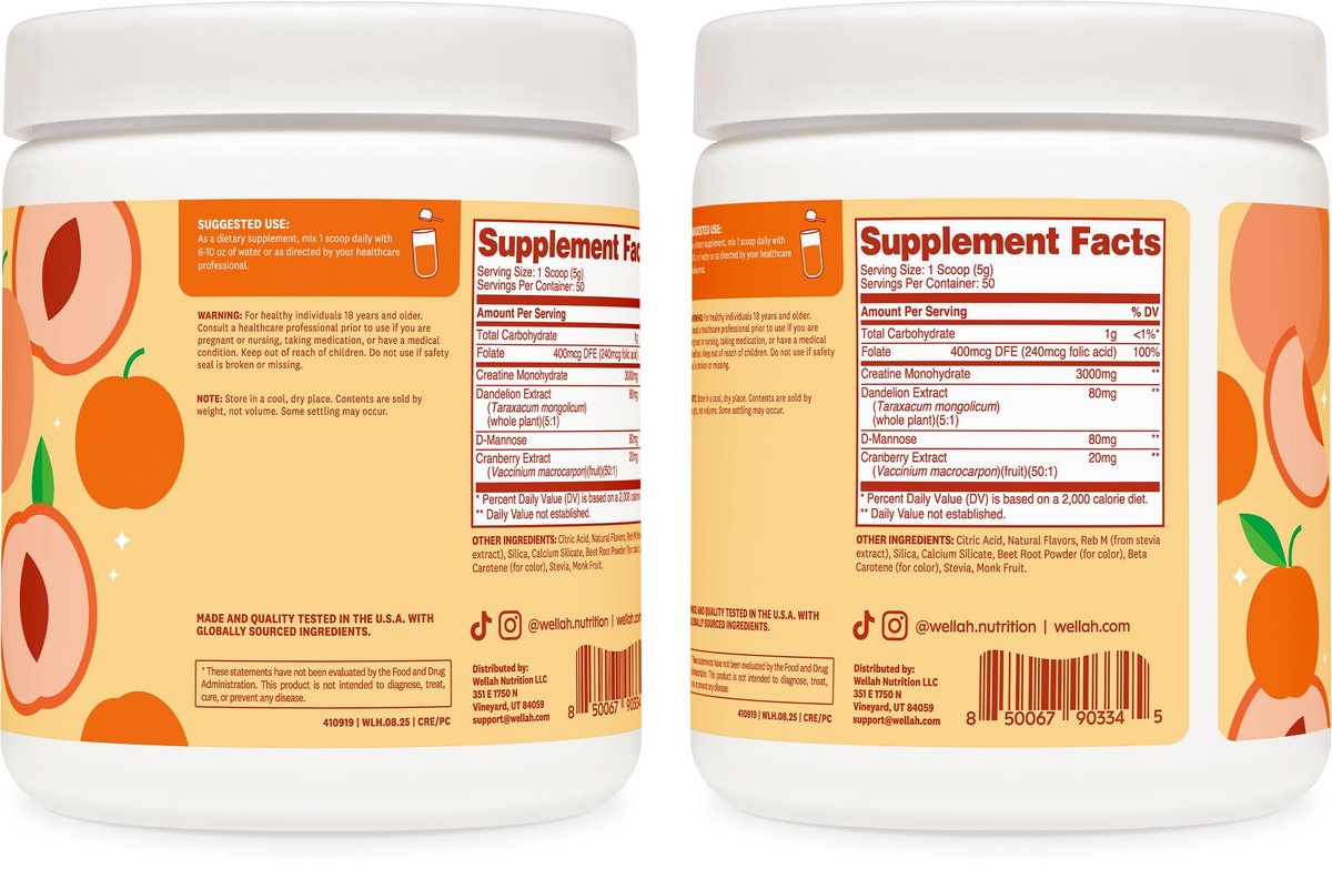 Wellah Creatine für Frauen – Creatin-Monohydrat mit Löwenzahn & Cranberry-Extrakt (50 Portionen, Clementine-Pfirsich)