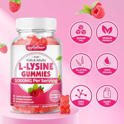 softbear L-Lysin Gummis für Erwachsene & Kinder – 1000 mg L-Lysin pro Portion, vegan, nicht-GVO, glutenfrei, Himbeergeschmack, 60 Stück