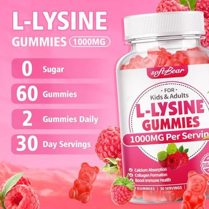 softbear L-Lysin Gummis für Erwachsene & Kinder – 1000 mg L-Lysin pro Portion, vegan, nicht-GVO, glutenfrei, Himbeergeschmack, 60 Stück