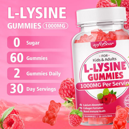 softbear L-Lysin Gummis für Erwachsene & Kinder – 1000 mg L-Lysin pro Portion, vegan, nicht-GVO, glutenfrei, Himbeergeschmack, 60 Stück