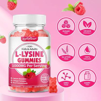 softbear L-Lysin Gummis für Erwachsene & Kinder – 1000 mg L-Lysin pro Portion, vegan, nicht-GVO, glutenfrei, Himbeergeschmack, 60 Stück