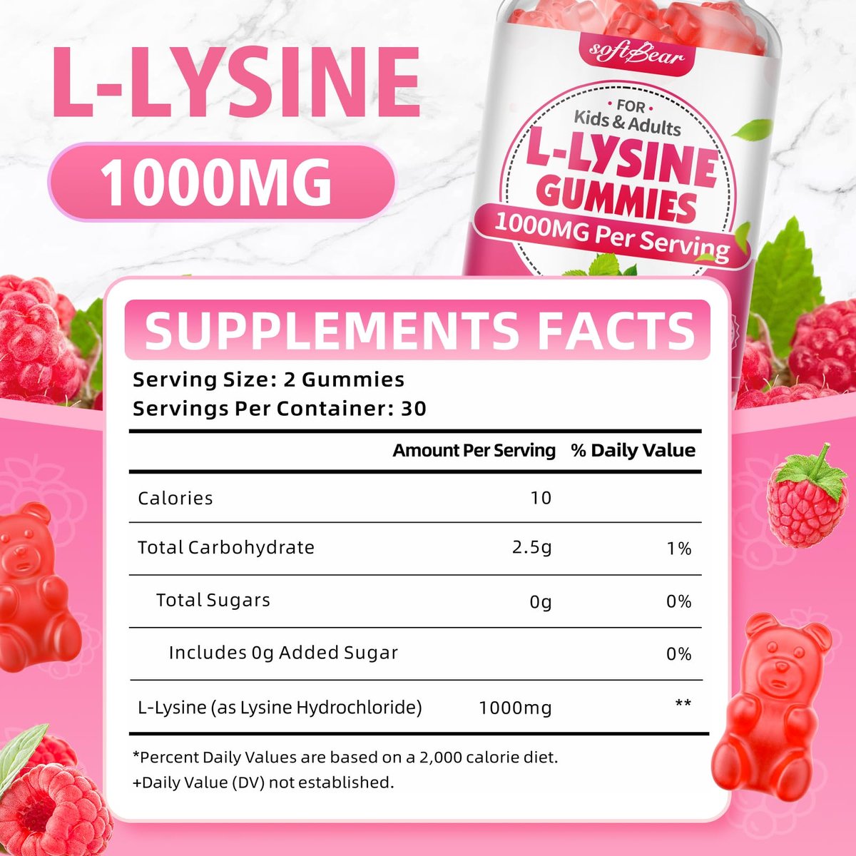 softbear L-Lysin Gummis für Erwachsene & Kinder – 1000 mg L-Lysin pro Portion, vegan, nicht-GVO, glutenfrei, Himbeergeschmack, 60 Stück