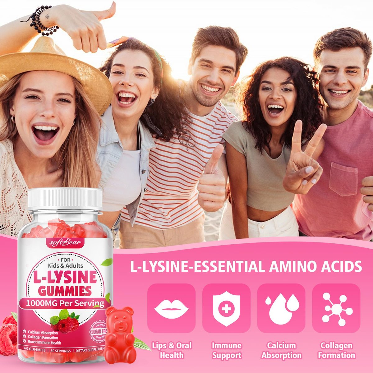softbear L-Lysin Gummis für Erwachsene & Kinder – 1000 mg L-Lysin pro Portion, vegan, nicht-GVO, glutenfrei, Himbeergeschmack, 60 Stück