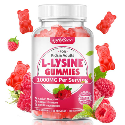softbear L-Lysin Gummis für Erwachsene & Kinder – 1000 mg L-Lysin pro Portion, vegan, nicht-GVO, glutenfrei, Himbeergeschmack, 60 Stück