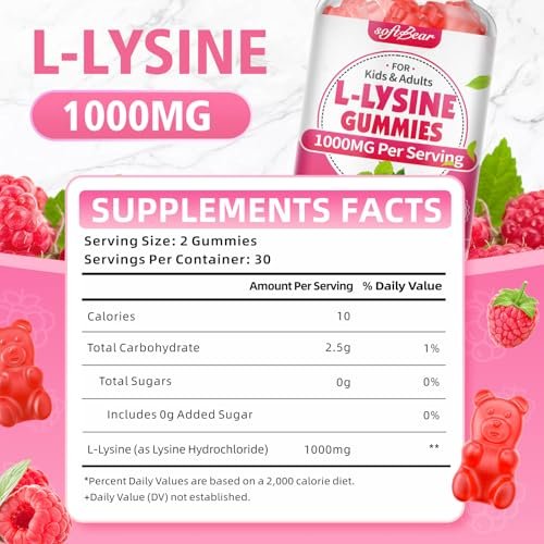 softbear L-Lysin Gummis für Erwachsene & Kinder – 1000 mg L-Lysin pro Portion, vegan, nicht-GVO, glutenfrei, Himbeergeschmack, 60 Stück