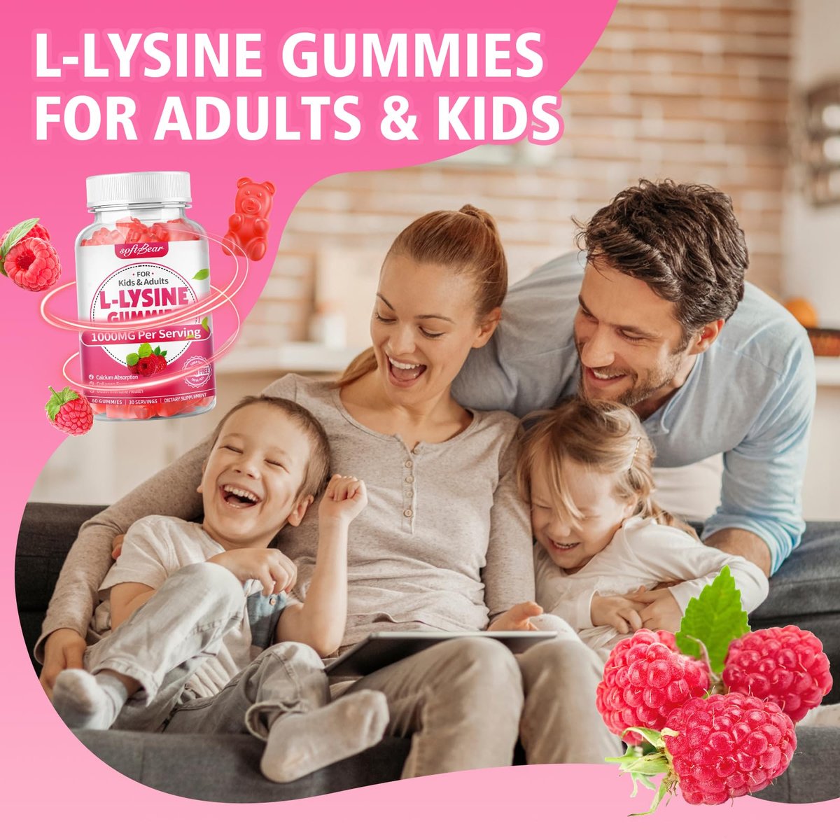 softbear L-Lysin Gummis für Erwachsene & Kinder – 1000 mg L-Lysin pro Portion, vegan, nicht-GVO, glutenfrei, Himbeergeschmack, 60 Stück