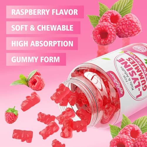 softbear L-Lysin Gummis für Erwachsene & Kinder – 1000 mg L-Lysin pro Portion, vegan, nicht-GVO, glutenfrei, Himbeergeschmack, 60 Stück