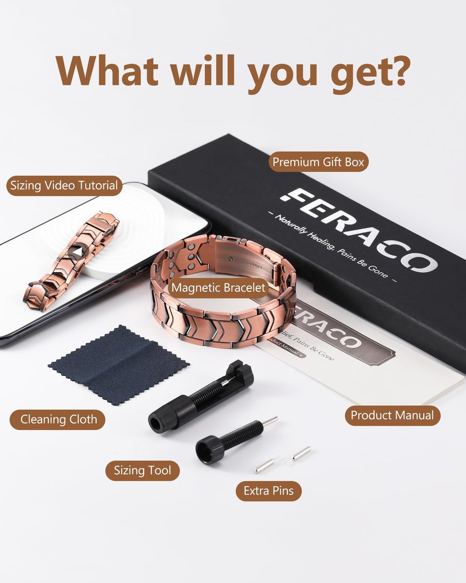 Feraco 3X Stärke Kupfer Magnetarmband für Herren - 99,99% Reines Kupfer mit 3800 Gauss Magneten