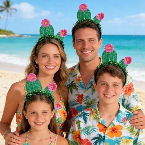 YUEELI Lustiges Kaktus-Stirnband mit rosa Blumen, grünes Glitzer-Stirnband, hawaiianisches Kopfband für Strand, Sommer, Tropenparty, Halloween-Kostüm, Cosplay-Haarzubehör