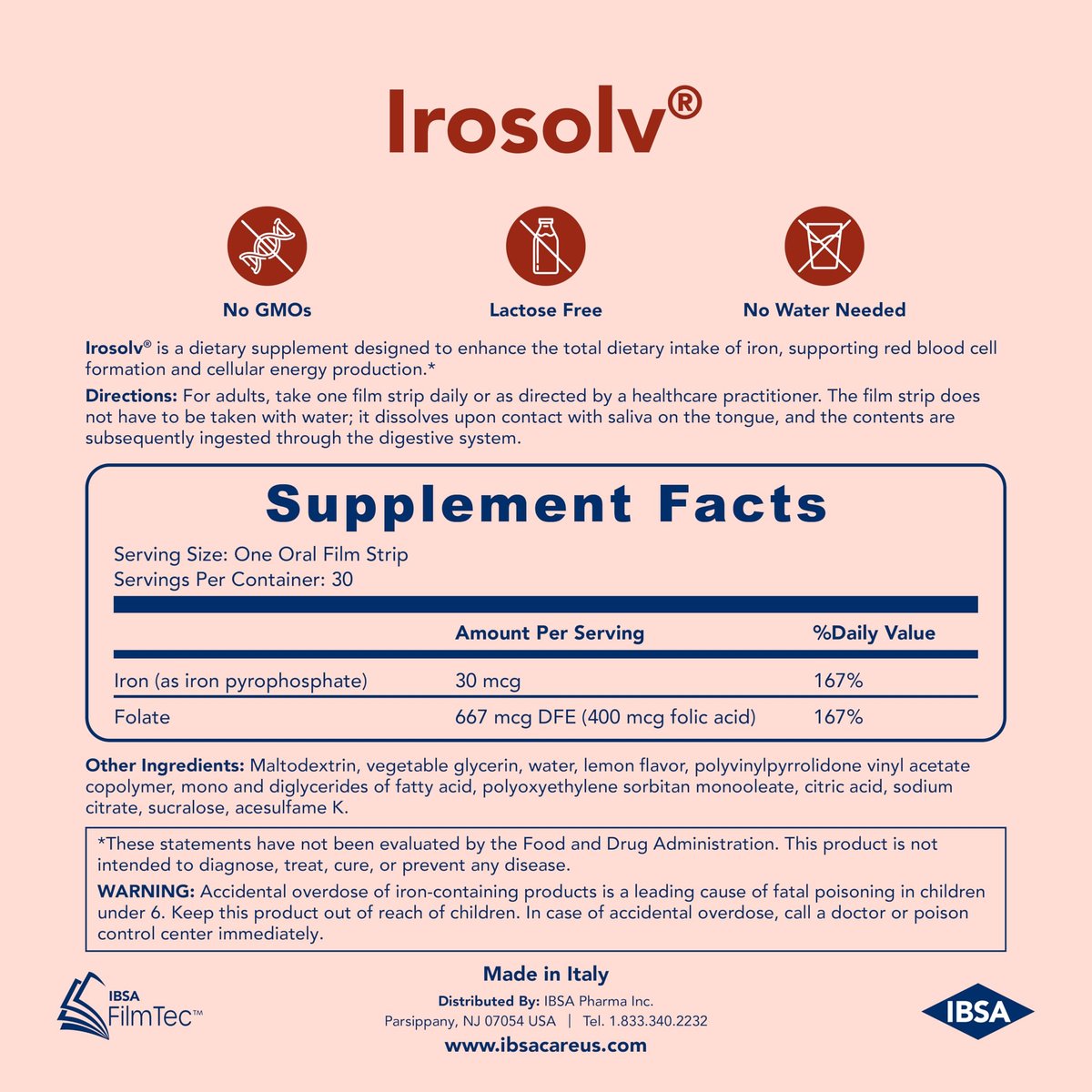 Irosolv – IBSA Eisen – Nahrungsergänzungsmittel – 30 mg Eisen + 400 µg Folsäure – 30 orale Auflösestreifen für sofortige Freisetzung und gute Verträglichkeit – Glutenfrei, Laktosefrei, Zuckerfrei, Nicht-GVO