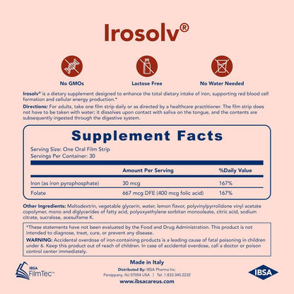 Irosolv – IBSA Eisen – Nahrungsergänzungsmittel – 30 mg Eisen + 400 µg Folsäure – 30 orale Auflösestreifen für sofortige Freisetzung und gute Verträglichkeit – Glutenfrei, Laktosefrei, Zuckerfrei, Nicht-GVO