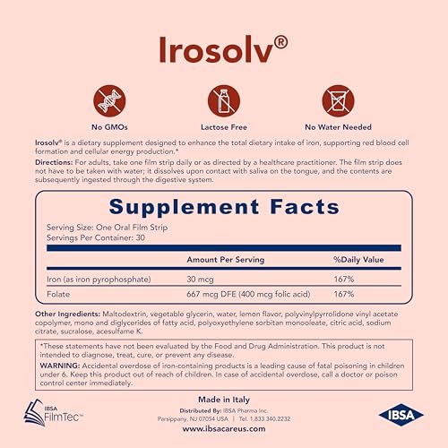 Irosolv – IBSA Eisen – Nahrungsergänzungsmittel – 30 mg Eisen + 400 µg Folsäure – 30 orale Auflösestreifen für sofortige Freisetzung und gute Verträglichkeit – Glutenfrei, Laktosefrei, Zuckerfrei, Nicht-GVO