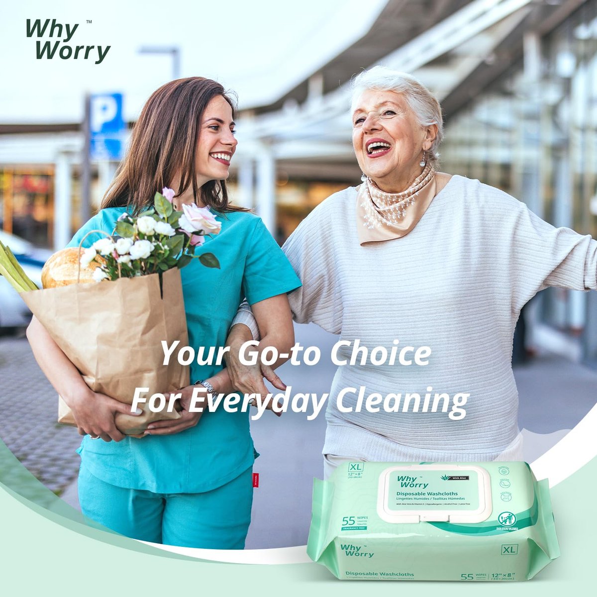 WhyWorry Feuchttücher für Erwachsene, 8"x12" extra große Körperreinigungstücher für Senioren & Inkontinenz, extra dicke Einweg-Waschlappen mit Aloe & Vitamin E, unparfümiert, 55 Stück