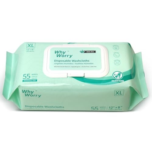 WhyWorry Feuchttücher für Erwachsene, 8"x12" extra große Körperreinigungstücher für Senioren & Inkontinenz, extra dicke Einweg-Waschlappen mit Aloe & Vitamin E, unparfümiert, 55 Stück