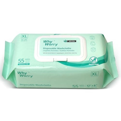 WhyWorry Feuchttücher für Erwachsene, 8"x12" extra große Körperreinigungstücher für Senioren & Inkontinenz, extra dicke Einweg-Waschlappen mit Aloe & Vitamin E, unparfümiert, 55 Stück