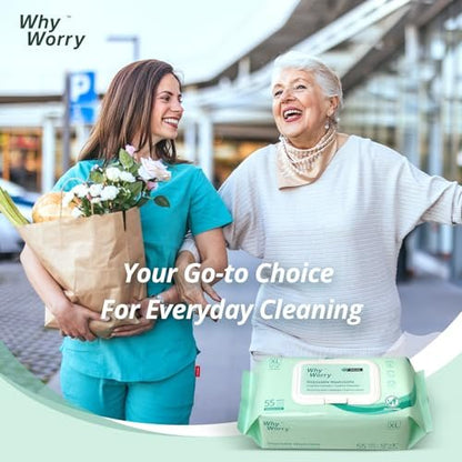 WhyWorry Feuchttücher für Erwachsene, 8"x12" extra große Körperreinigungstücher für Senioren & Inkontinenz, extra dicke Einweg-Waschlappen mit Aloe & Vitamin E, unparfümiert, 55 Stück