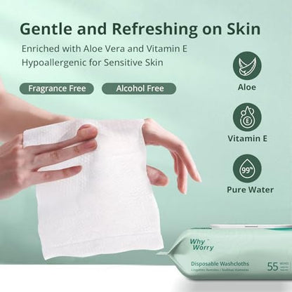 WhyWorry Feuchttücher für Erwachsene, 8"x12" extra große Körperreinigungstücher für Senioren & Inkontinenz, extra dicke Einweg-Waschlappen mit Aloe & Vitamin E, unparfümiert, 55 Stück