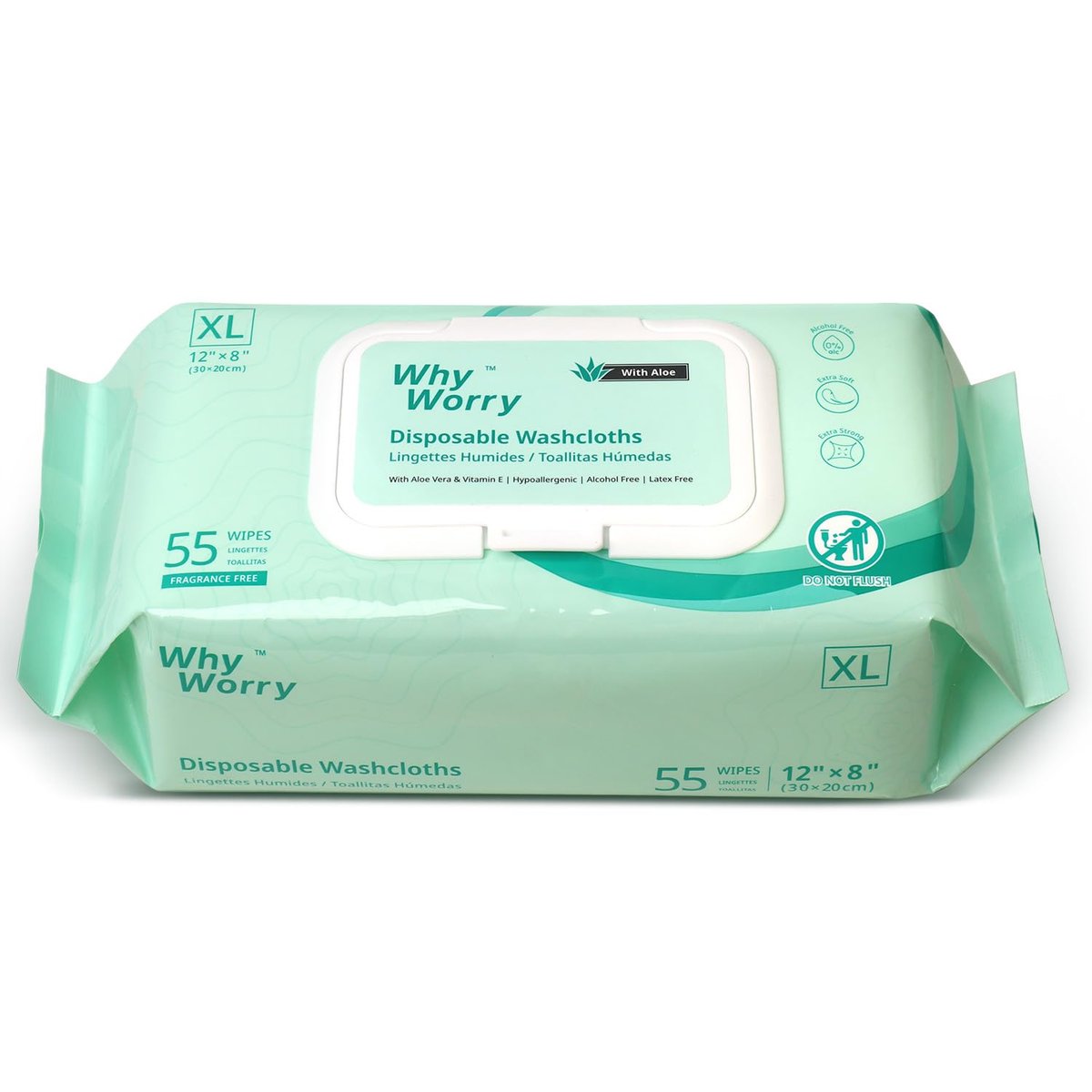 WhyWorry Feuchttücher für Erwachsene, 8"x12" extra große Körperreinigungstücher für Senioren & Inkontinenz, extra dicke Einweg-Waschlappen mit Aloe & Vitamin E, unparfümiert, 55 Stück