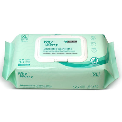 WhyWorry Feuchttücher für Erwachsene, 8"x12" extra große Körperreinigungstücher für Senioren & Inkontinenz, extra dicke Einweg-Waschlappen mit Aloe & Vitamin E, unparfümiert, 55 Stück