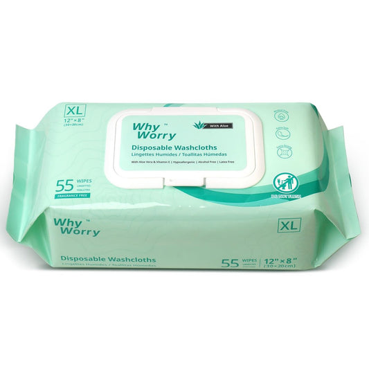 WhyWorry Feuchttücher für Erwachsene, 8"x12" extra große Körperreinigungstücher für Senioren & Inkontinenz, extra dicke Einweg-Waschlappen mit Aloe & Vitamin E, unparfümiert, 55 Stück