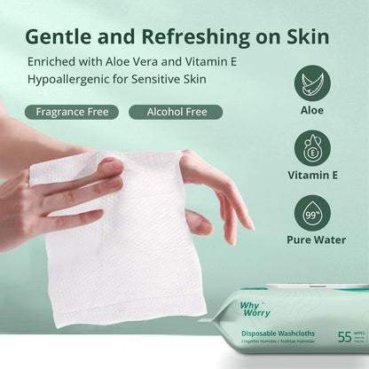 WhyWorry Feuchttücher für Erwachsene, 8"x12" extra große Körperreinigungstücher für Senioren & Inkontinenz, extra dicke Einweg-Waschlappen mit Aloe & Vitamin E, unparfümiert, 55 Stück