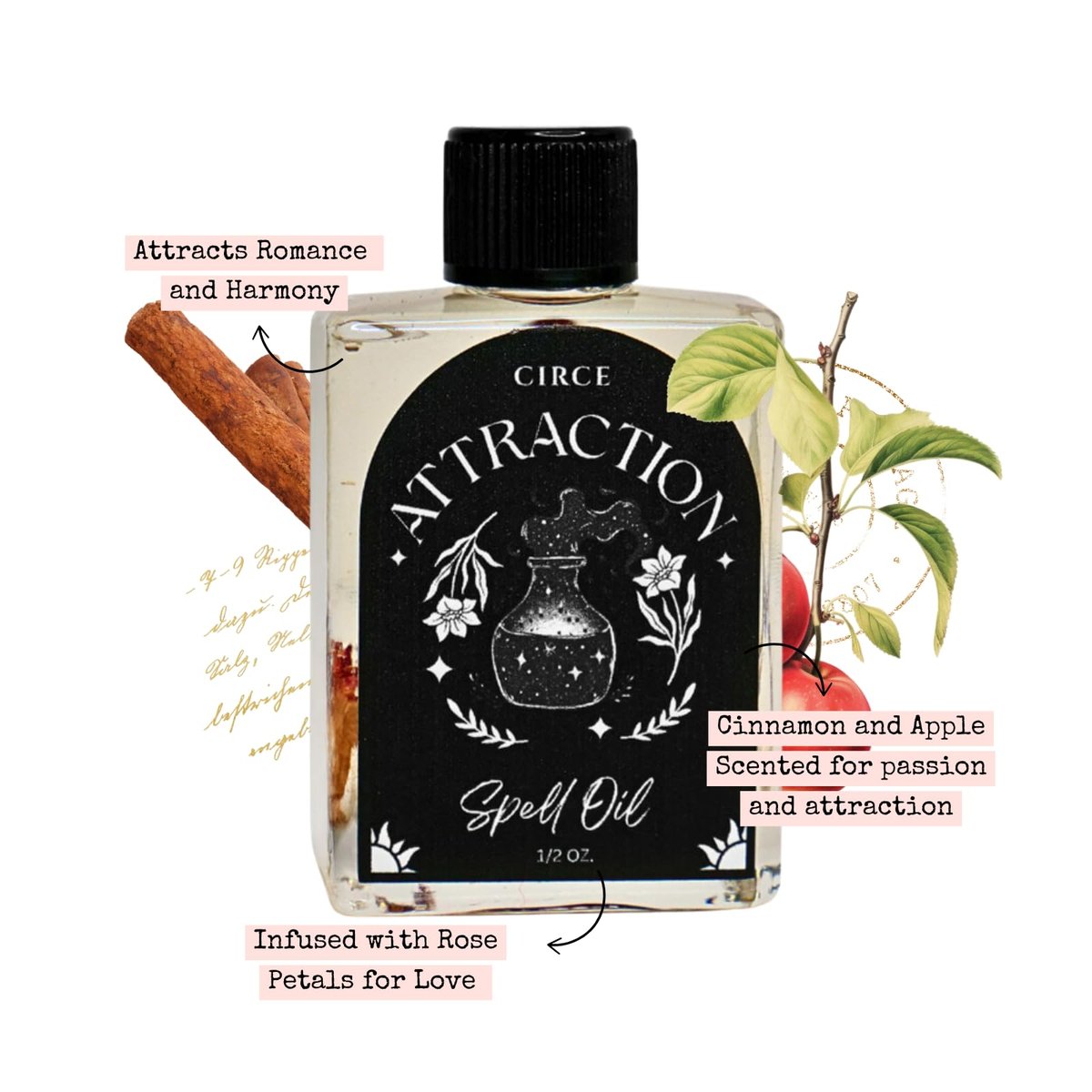 CIRCE Attraction Spell Oil – Magnetische Energie, Positivität & Liebe anziehen – für Bäder, Rituale und als Duft – mit Rosenblättern, Zimtchips und Traubenkernöl – 15 ml