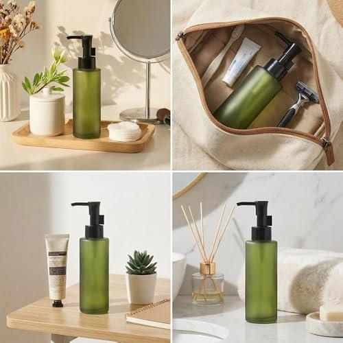 1 Stück 100ml/3,4oz Upcycling Grüne Mattglas-Flasche mit schwarzem Pumpspender – Lotionpumpe, Kosmetikbehälter, Reisespender für Creme, Emulsion, Essenz