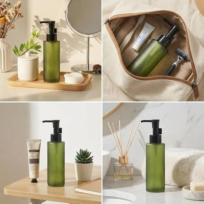 1 Stück 100ml/3,4oz Upcycling Grüne Mattglas-Flasche mit schwarzem Pumpspender – Lotionpumpe, Kosmetikbehälter, Reisespender für Creme, Emulsion, Essenz