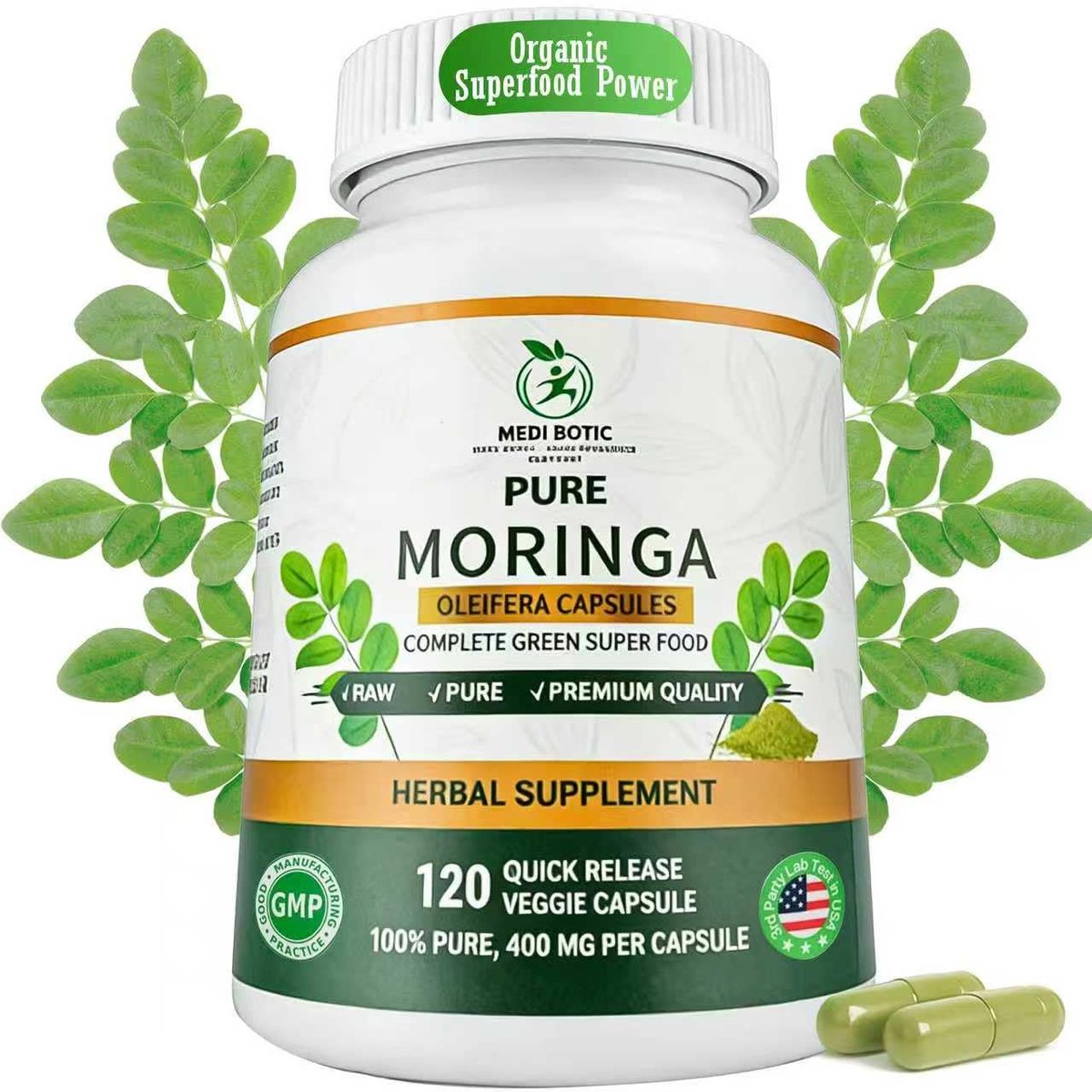 Bio Moringa Kapseln 800mg – Natürliche Energie, Immununterstützung & Darmgesundheit – Reich an Antioxidantien, Vitaminen & Aminosäuren – Nicht-GVO & Glutenfrei (120 Kapseln, 1er-Pack)