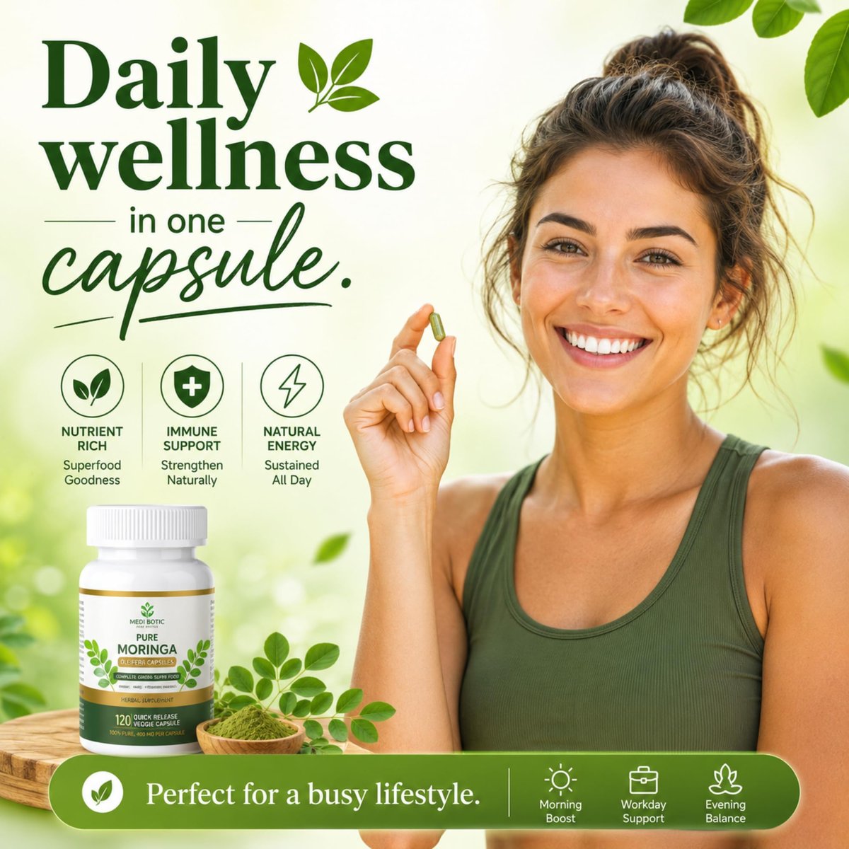 Bio Moringa Kapseln 800mg – Natürliche Energie, Immununterstützung & Darmgesundheit – Reich an Antioxidantien, Vitaminen & Aminosäuren – Nicht-GVO & Glutenfrei (120 Kapseln, 1er-Pack)