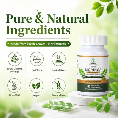 Bio Moringa Kapseln 800mg – Natürliche Energie, Immununterstützung & Darmgesundheit – Reich an Antioxidantien, Vitaminen & Aminosäuren – Nicht-GVO & Glutenfrei (120 Kapseln, 1er-Pack)