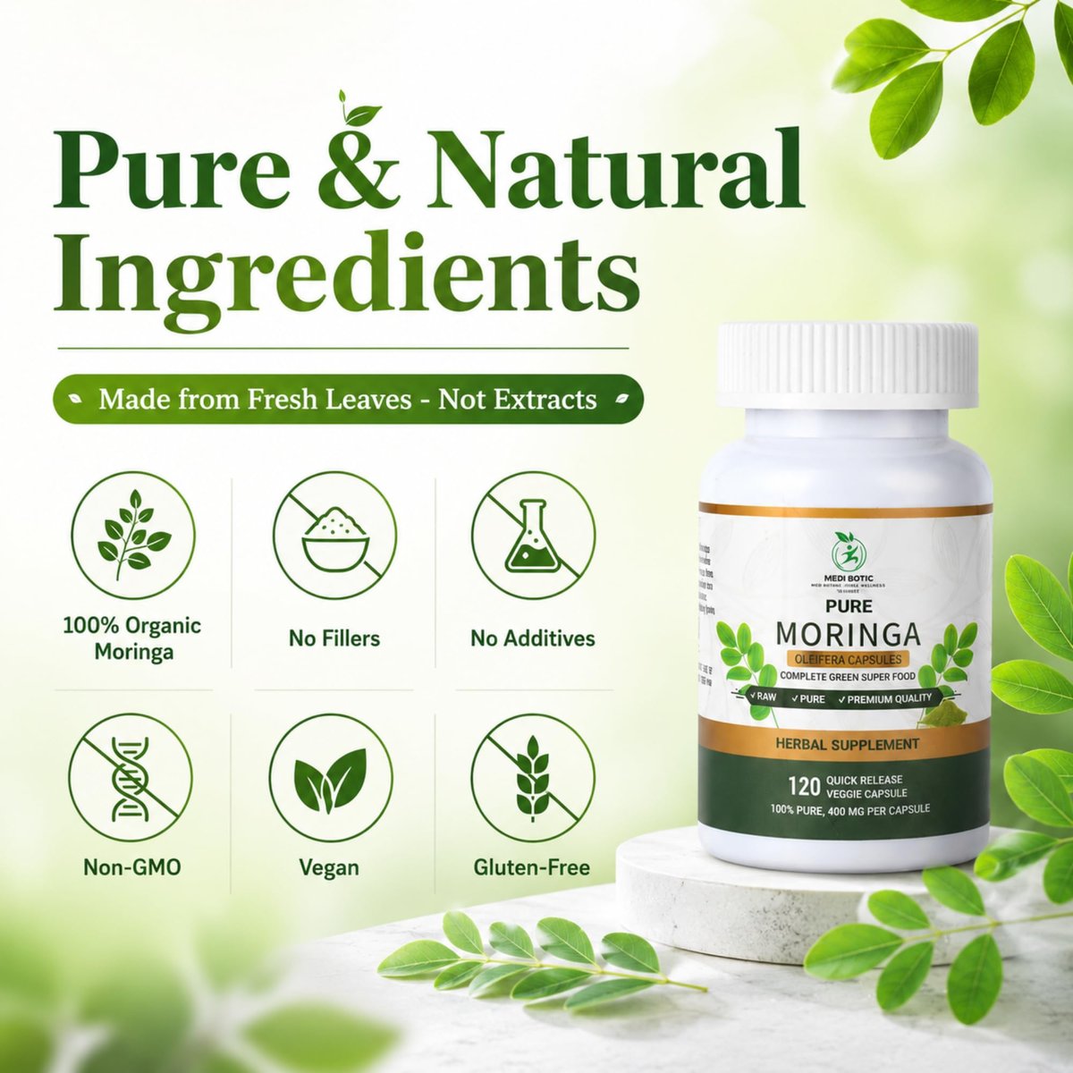 Bio Moringa Kapseln 800mg – Natürliche Energie, Immununterstützung & Darmgesundheit – Reich an Antioxidantien, Vitaminen & Aminosäuren – Nicht-GVO & Glutenfrei (120 Kapseln, 1er-Pack)