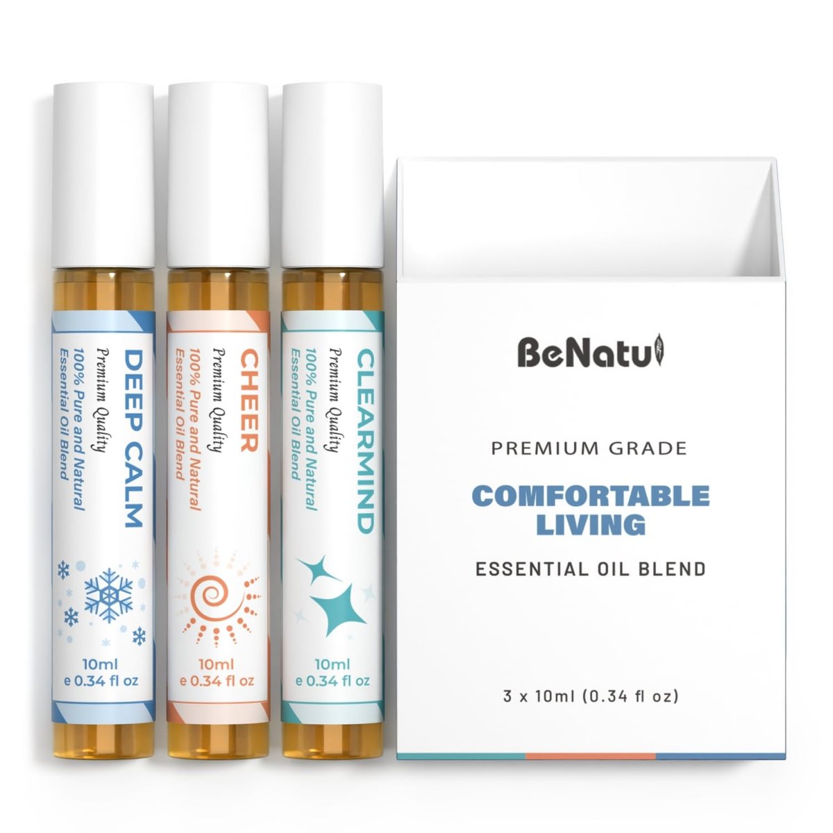 benatu Aromatherapie Roll-On Set: Deep Calm, Cheer & ClearMind – 3er-Pack ätherische Öle für Massage, Körperpflege und Zuhause, ideales Geschenk für Männer und Frauen