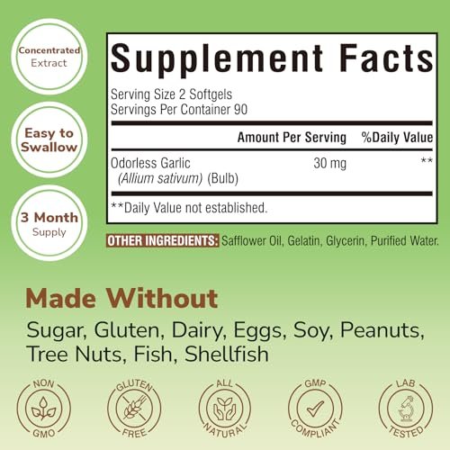 Vitalibre Knoblauch Extrakt, geruchlos, hochdosiert, Non-GMO, glutenfrei, Herz & Immunsystem, antioxidativer Schutz, 180 Softgels