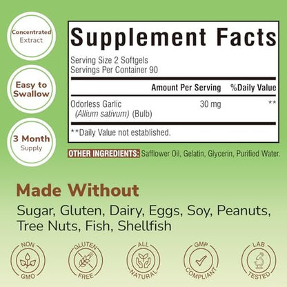 Vitalibre Knoblauch Extrakt, geruchlos, hochdosiert, Non-GMO, glutenfrei, Herz & Immunsystem, antioxidativer Schutz, 180 Softgels