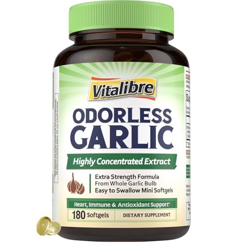 Vitalibre Knoblauch Extrakt, geruchlos, hochdosiert, Non-GMO, glutenfrei, Herz & Immunsystem, antioxidativer Schutz, 180 Softgels
