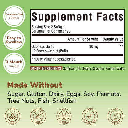 Vitalibre Knoblauch Extrakt, geruchlos, hochdosiert, Non-GMO, glutenfrei, Herz & Immunsystem, antioxidativer Schutz, 180 Softgels