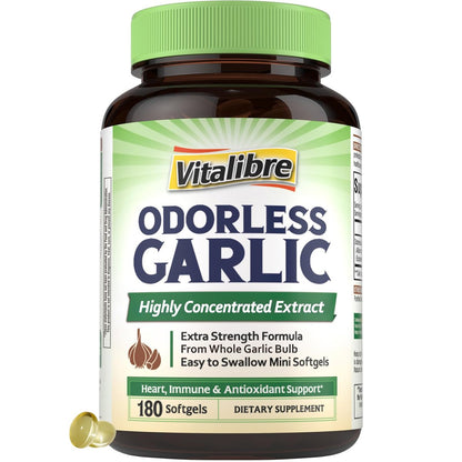 Vitalibre Knoblauch Extrakt, geruchlos, hochdosiert, Non-GMO, glutenfrei, Herz & Immunsystem, antioxidativer Schutz, 180 Softgels