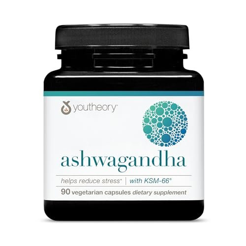 Youtheory Ashwagandha mit Bio KSM-66 Ashwagandha – Kräutermischung zur Unterstützung von Stressabbau und Energielevel* – 1.000 mg – 90 vegane Kapseln (45-Tage-Vorrat)