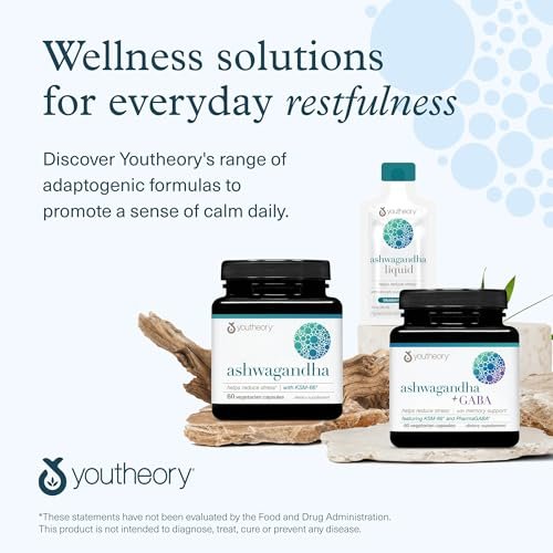 Youtheory Ashwagandha mit Bio KSM-66 Ashwagandha – Kräutermischung zur Unterstützung von Stressabbau und Energielevel* – 1.000 mg – 90 vegane Kapseln (45-Tage-Vorrat)