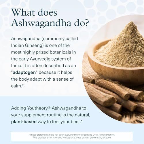 Youtheory Ashwagandha mit Bio KSM-66 Ashwagandha – Kräutermischung zur Unterstützung von Stressabbau und Energielevel* – 1.000 mg – 90 vegane Kapseln (45-Tage-Vorrat)