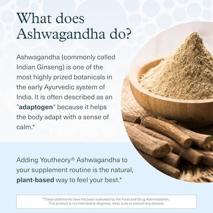 Youtheory Ashwagandha mit Bio KSM-66 Ashwagandha – Kräutermischung zur Unterstützung von Stressabbau und Energielevel* – 1.000 mg – 90 vegane Kapseln (45-Tage-Vorrat)