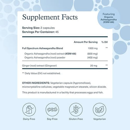 Youtheory Ashwagandha mit Bio KSM-66 Ashwagandha – Kräutermischung zur Unterstützung von Stressabbau und Energielevel* – 1.000 mg – 90 vegane Kapseln (45-Tage-Vorrat)