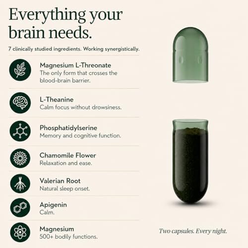 Magnesium L-Threonat mit Apigenin, Baldrianwurzel & L-Theanin – Schlaf- und Gehirnergänzung ohne Melatonin – klinisch untersuchte 7-Inhaltsstoff-Formel – Gedächtnis & Fokus – 60 Kapseln