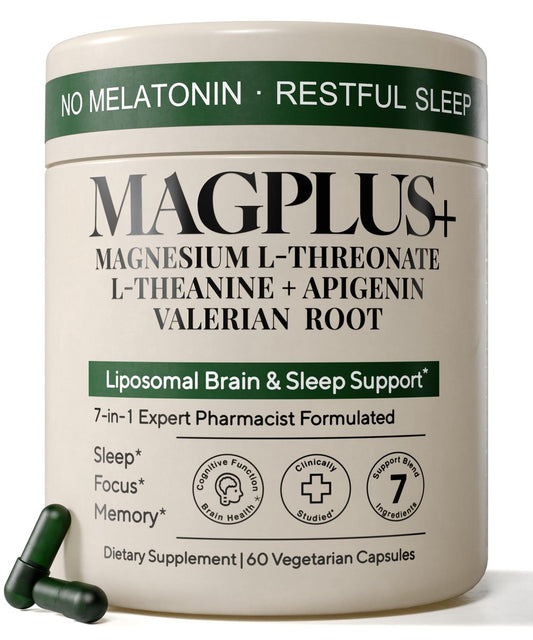 Magnesium L-Threonat mit Apigenin, Baldrianwurzel & L-Theanin – Schlaf- und Gehirnergänzung ohne Melatonin – klinisch untersuchte 7-Inhaltsstoff-Formel – Gedächtnis & Fokus – 60 Kapseln